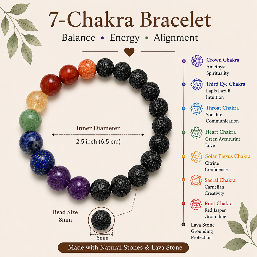 Sonnengeist 7 Chakra Bracelet – Amethyst, Lapis Lazuli, Sodalite, Green Aventurine, Citrine, Carnelian & Red Jasper 8mm