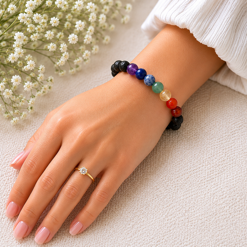 Sonnengeist 7 Chakra Bracelet – Amethyst, Lapis Lazuli, Sodalite, Green Aventurine, Citrine, Carnelian & Red Jasper 8mm