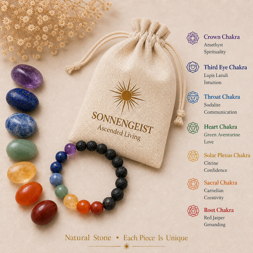 Sonnengeist 7 Chakra Bracelet – Amethyst, Lapis Lazuli, Sodalite, Green Aventurine, Citrine, Carnelian & Red Jasper 8mm