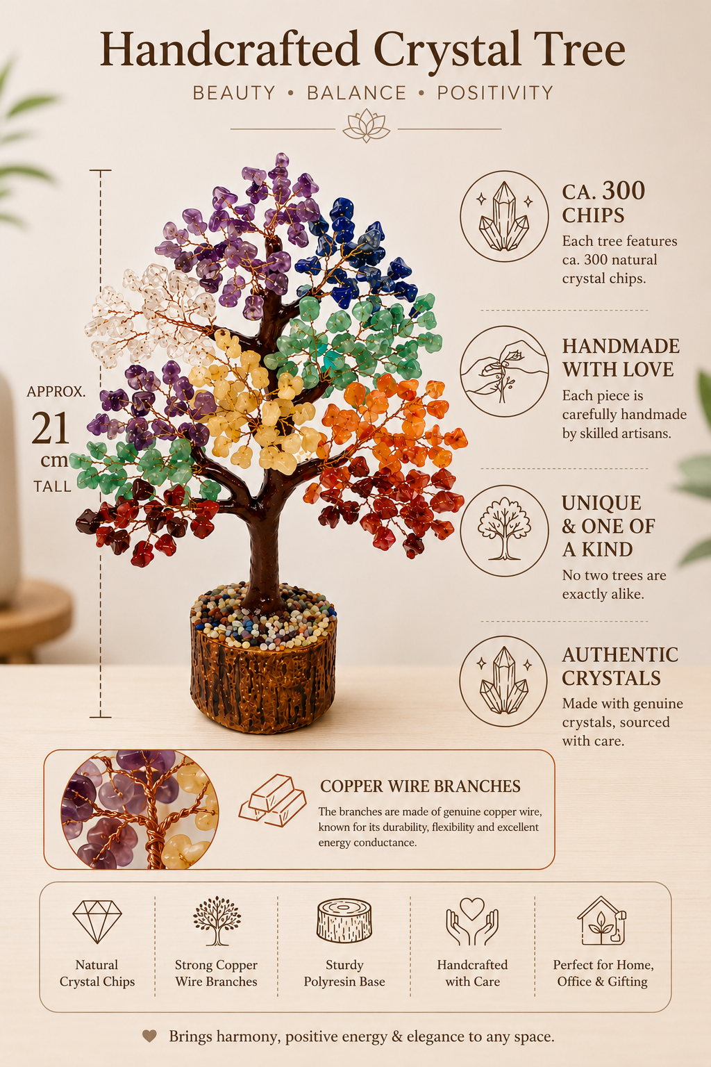 Sonnengeist 7 Chakra Crystal Tree – 300 Chips, 21cm | All 7 Chakras | Handmade Gemstone Tree