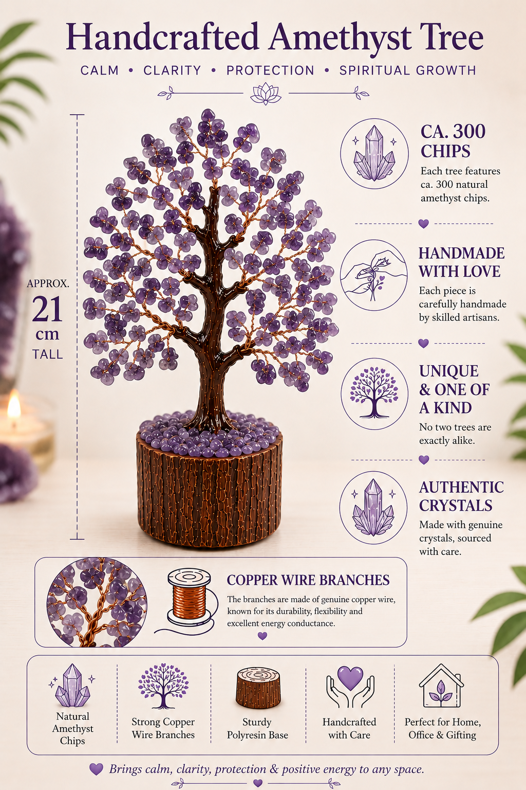 Sonnengeist Amethyst Crystal Tree – 300 Chips, 21cm | Handmade Gemstone Tree