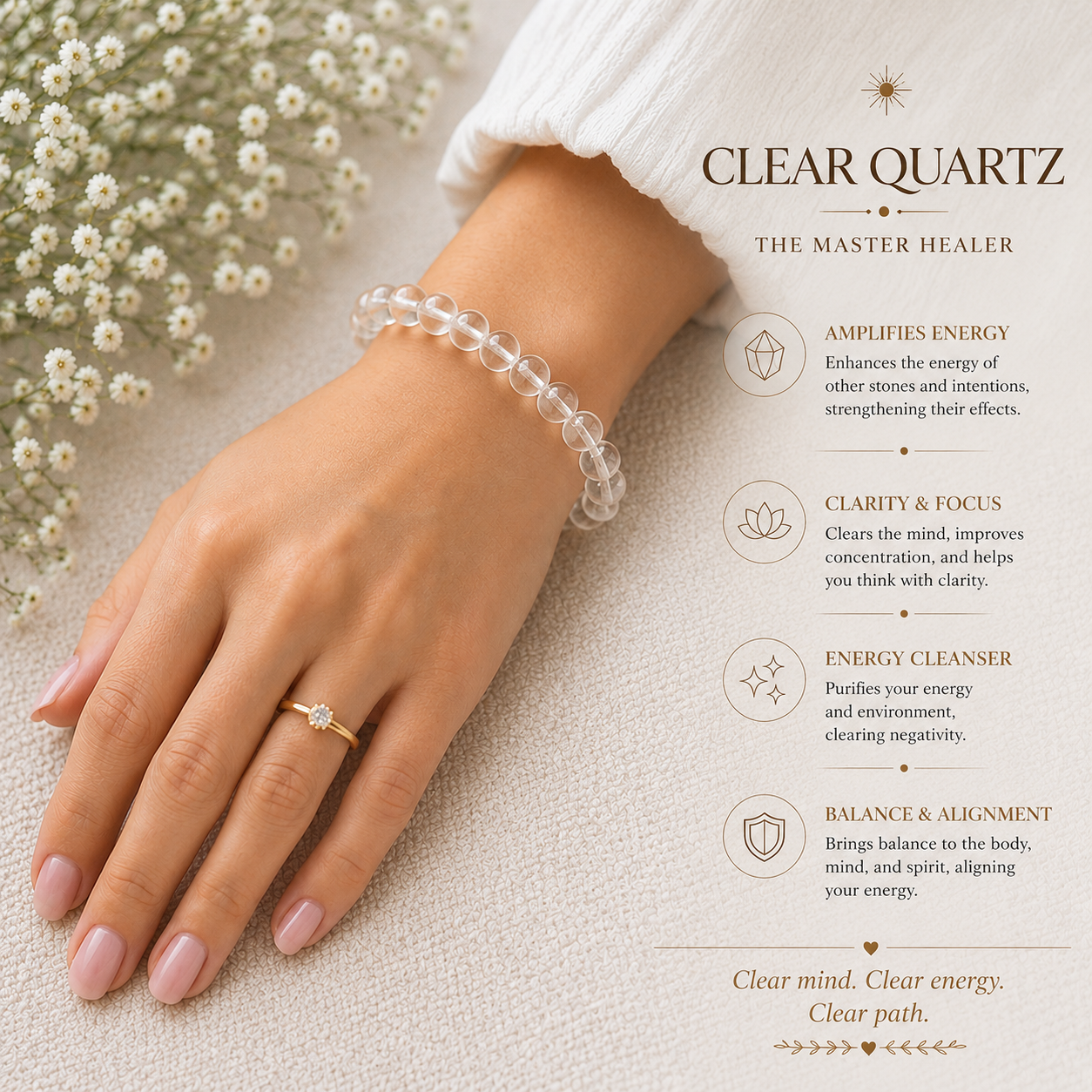 Sonnengeist Clear Quartz Bracelet – Natural Crystal Bead Bracelet 8mm