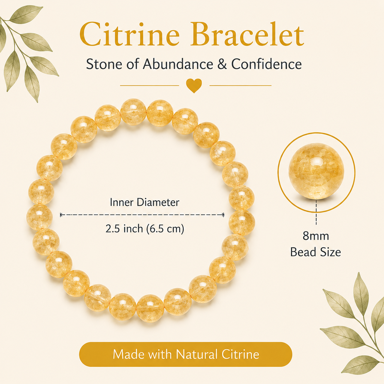Sonnengeist Citrine Bracelet – Natural Crystal Bead Bracelet 8mm
