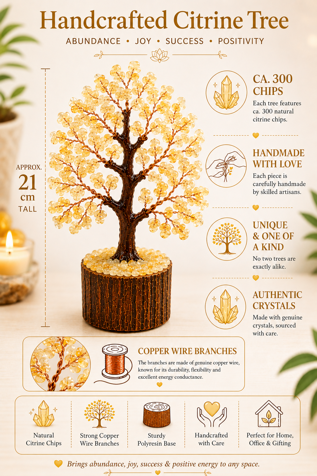Sonnengeist Citrine Crystal Tree – 300 Chips, 21cm | Handmade Gemstone Tree
