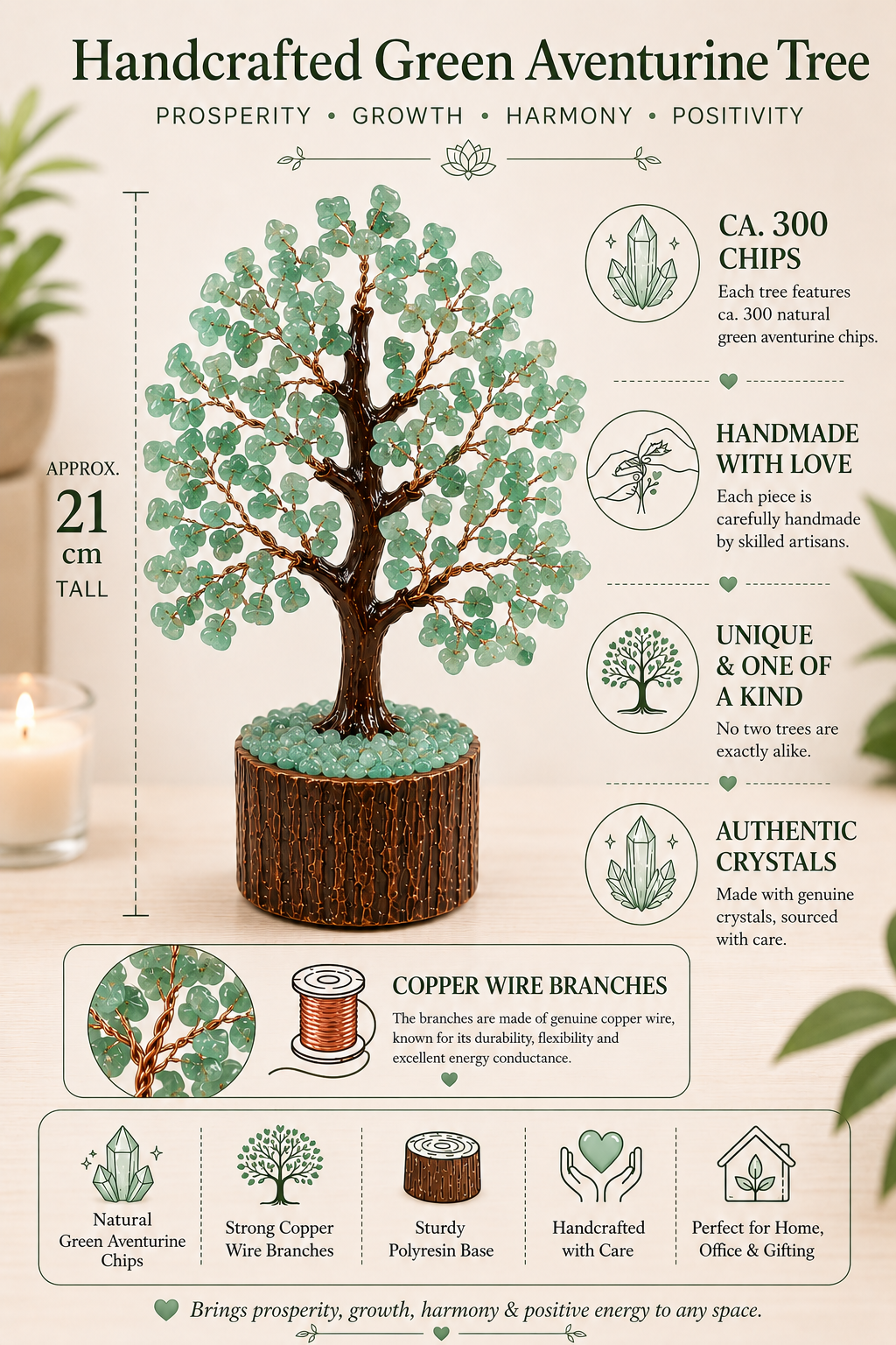 Sonnengeist Green Aventurine Crystal Tree – 300 Chips, 21cm | Handmade Gemstone Tree