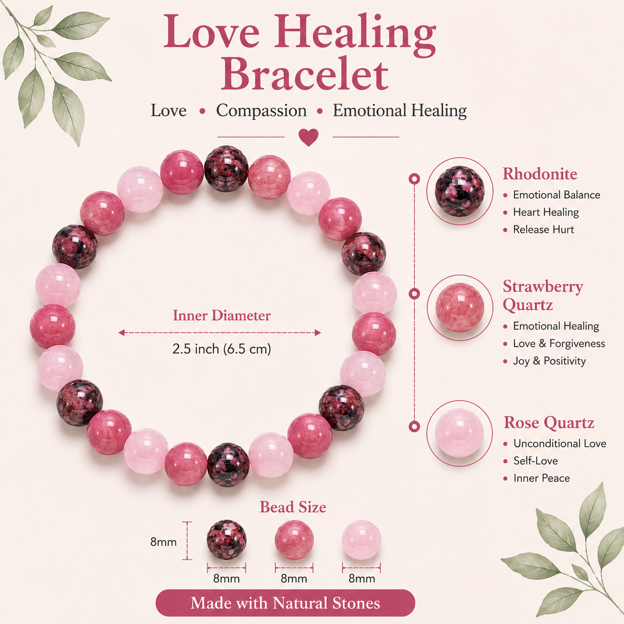 Sonnengeist Love Healing Bracelet – Rhodonite, Strawberry Quartz & Rose Quartz 8mm