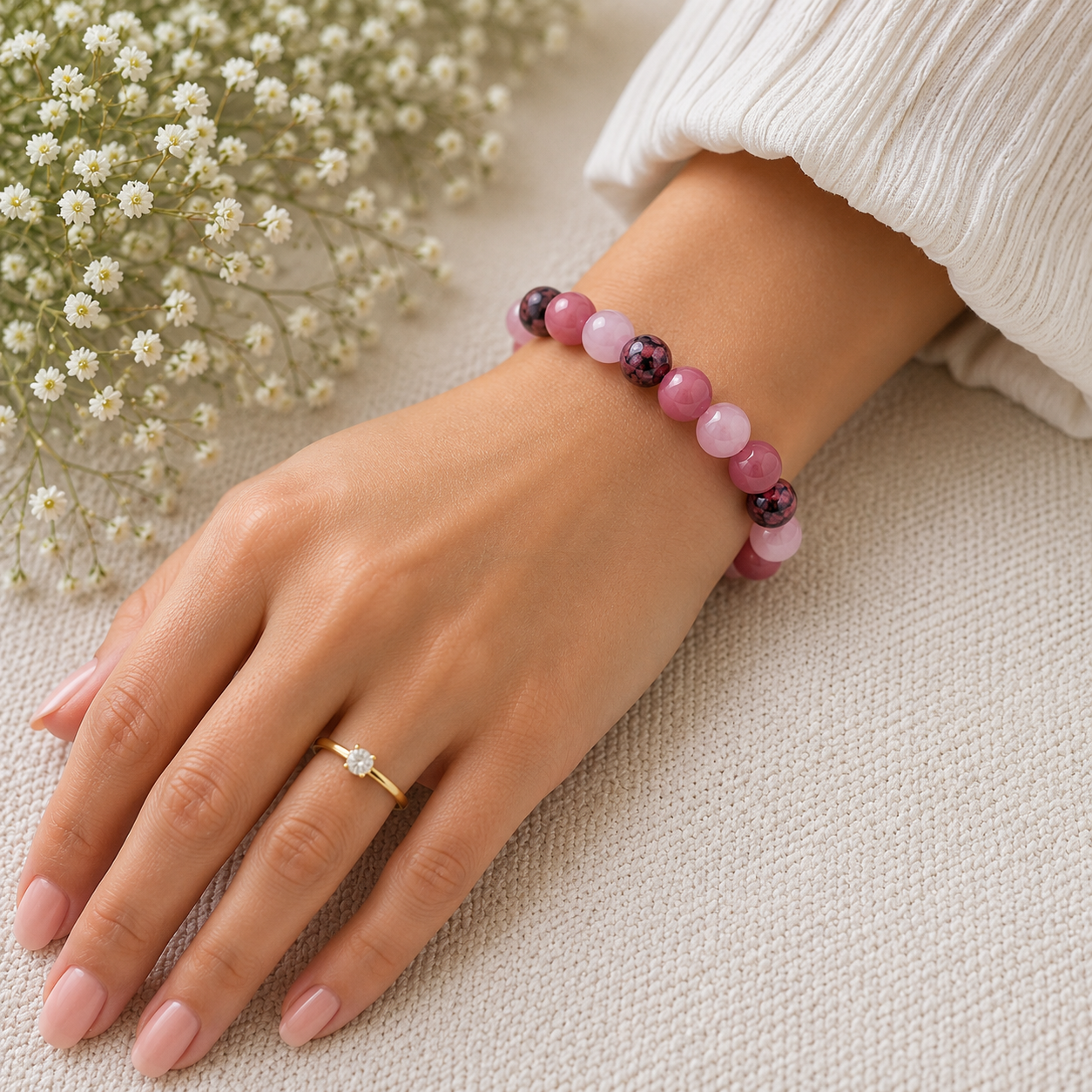 Sonnengeist Love Healing Bracelet – Rhodonite, Strawberry Quartz & Rose Quartz 8mm
