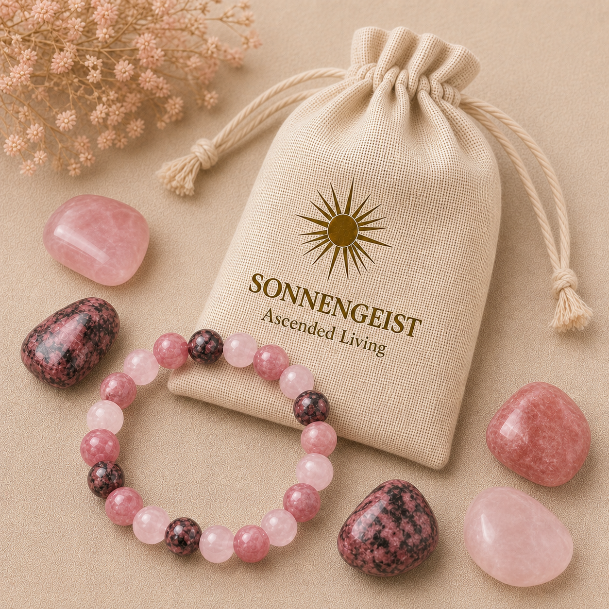 Sonnengeist Love Healing Bracelet – Rhodonite, Strawberry Quartz & Rose Quartz 8mm