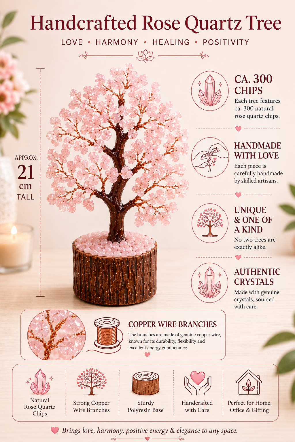 Sonnengeist Rose Quartz Crystal Tree – 300 Chips, 21cm | Handmade Gemstone Tree