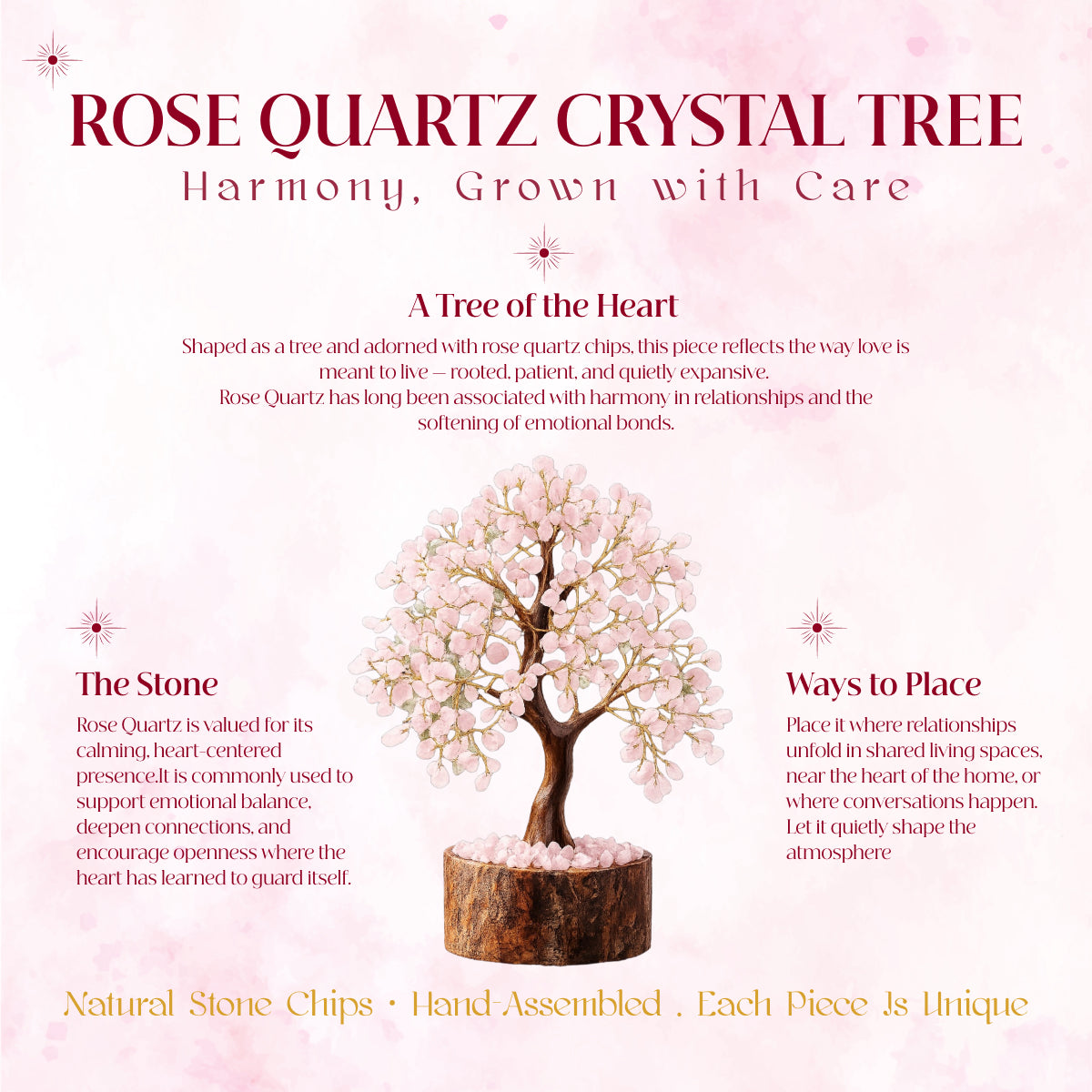 Sonnengeist Rose Quartz Crystal Tree – 300 Chips, 21cm | Handmade Gemstone Tree