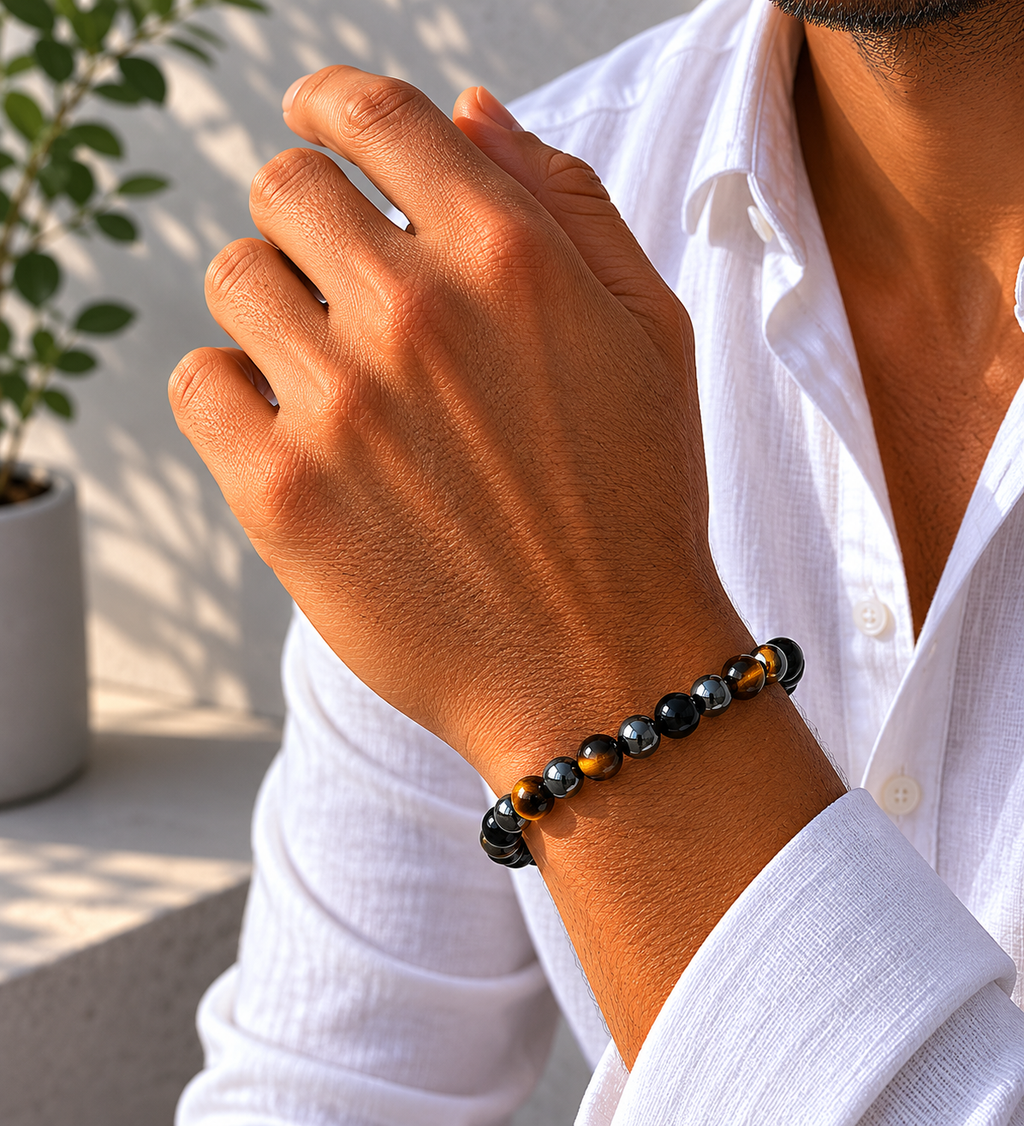 Sonnengeist Triple Negativity Protection Bracelet – Tiger Eye, Hematite & Obsidian 8mm
