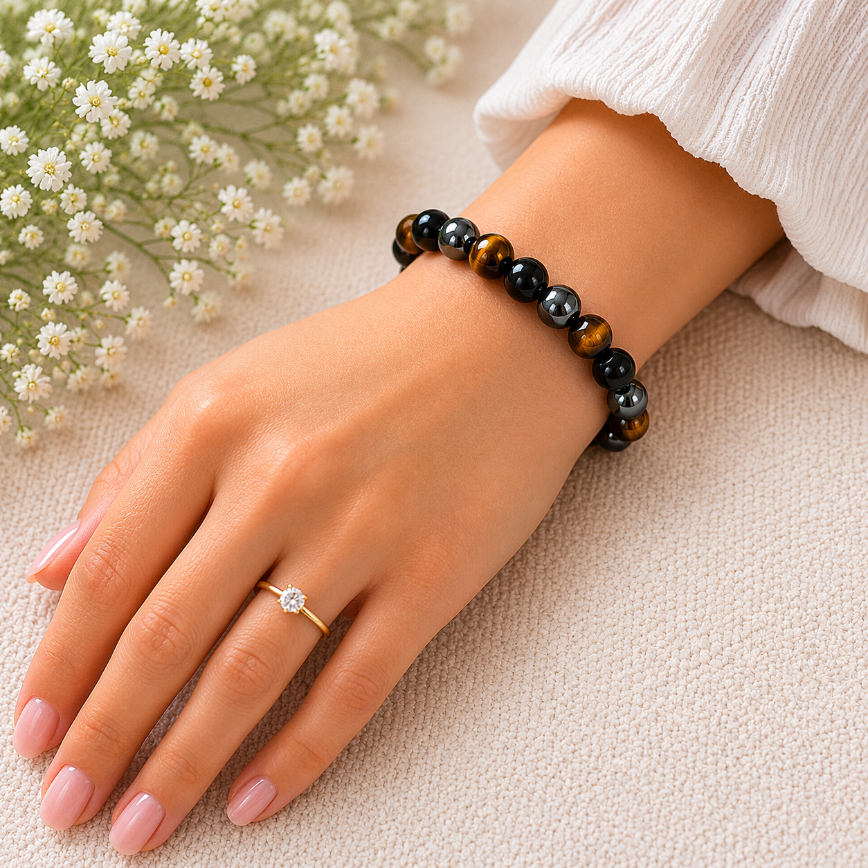 Sonnengeist Triple Negativity Protection Bracelet – Tiger Eye, Hematite & Obsidian 8mm